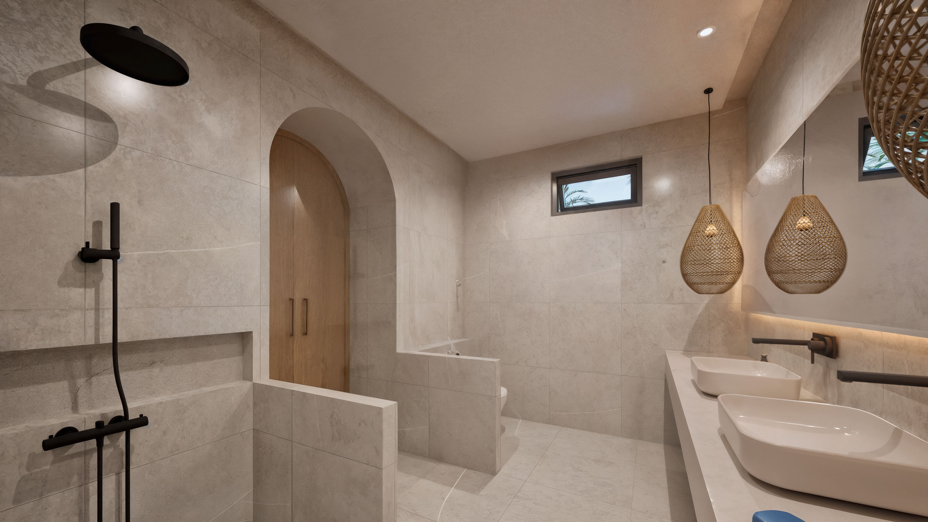 Bathroom with rain shower and arched door